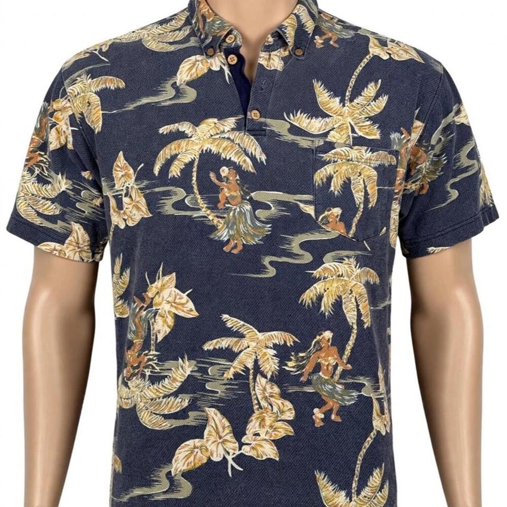 Tommy Bahama Hawaiian Shirt Mens XL Navy Blue with Palm Trees and Hula Dancers